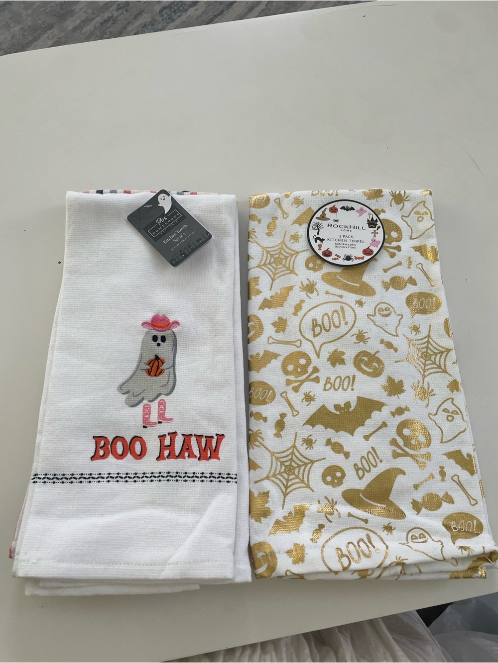2-Pack Cotton Embroidered BOO Ghost Towels White/Gold